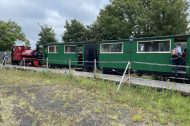 Leader and the Bowaters coaches at Sittingbourne Viaduct station during Gala Weekend 2021