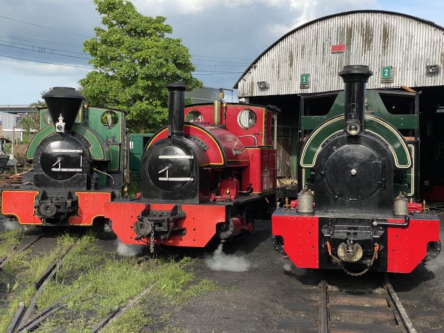 Three steam locomotives stand outside the engine shed at Kemsley Down