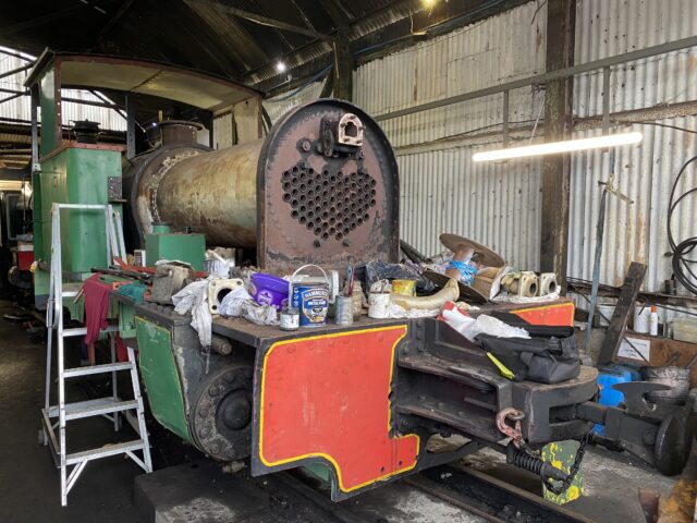 Steam locomotive 'Melior' has been partially dismantled so has no smokebox, chimney or boiler covering.